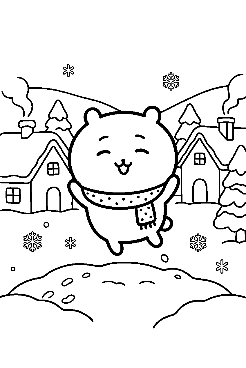 chiikawa jumping in snowy village line art