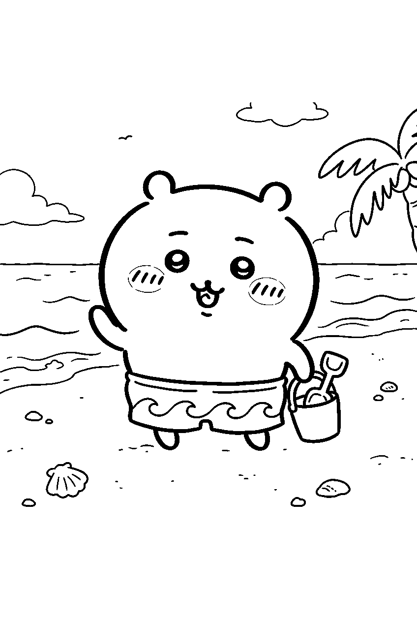chiikawa on sandy beach line art
