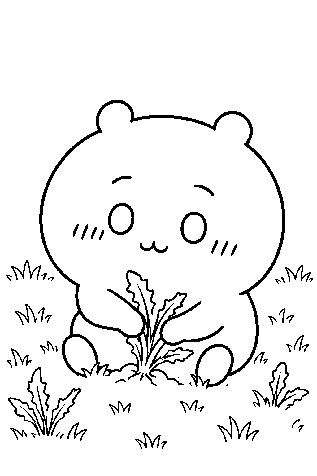 chiikawa pulling weeds in a grassy field line art