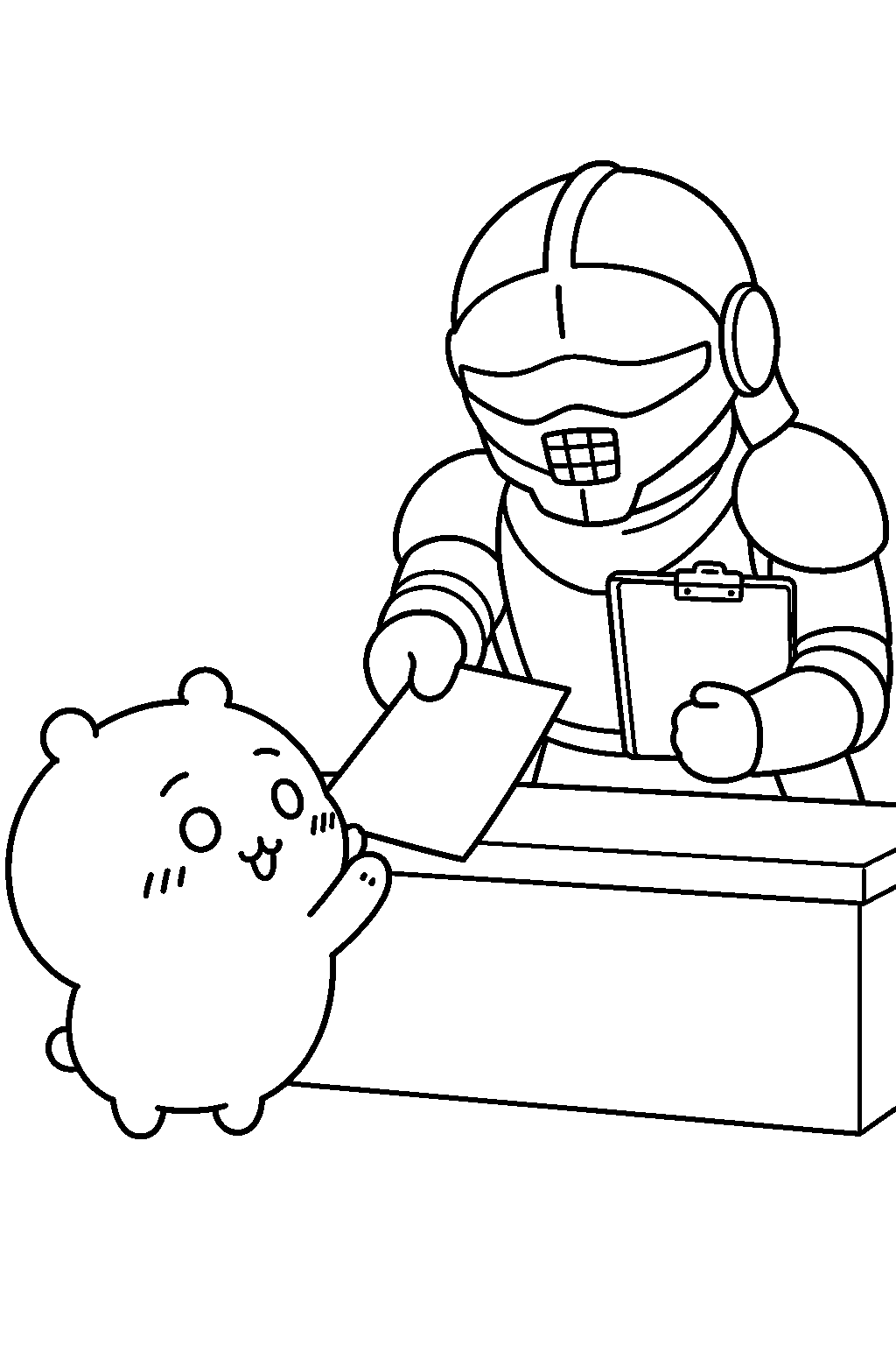 chiikawa receiving a work assignment from roudou no yoroi san line art
