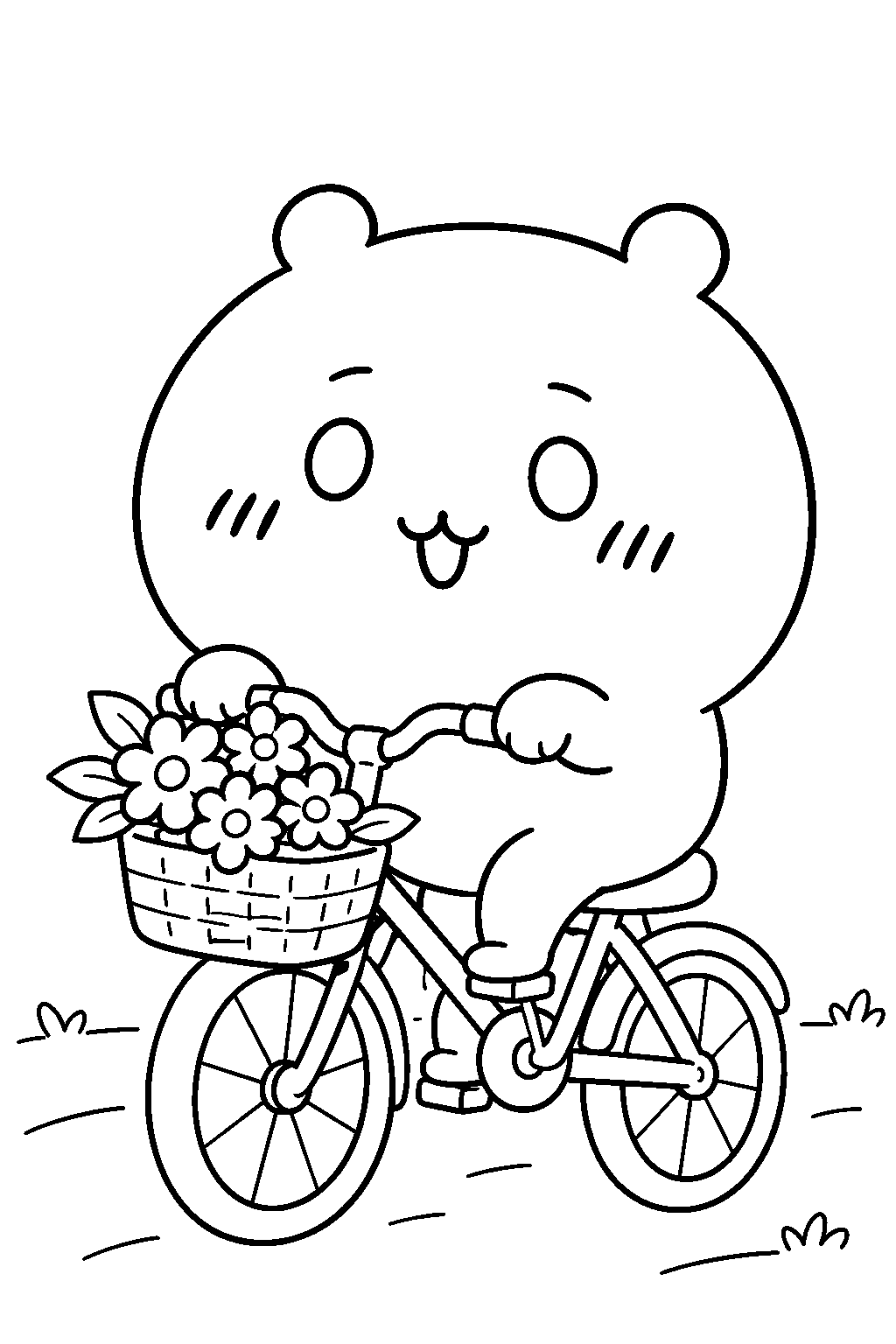 chiikawa riding a bicycle with a flower basket line art