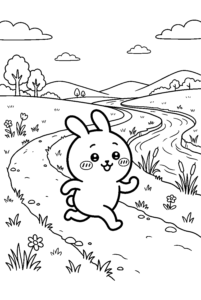 chiikawa running in riverside meadow line art