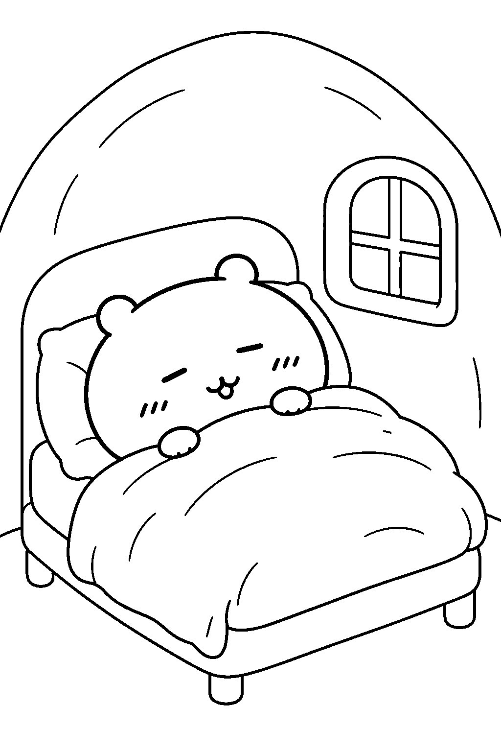 chiikawa sleeping under a blanket in the little house line art