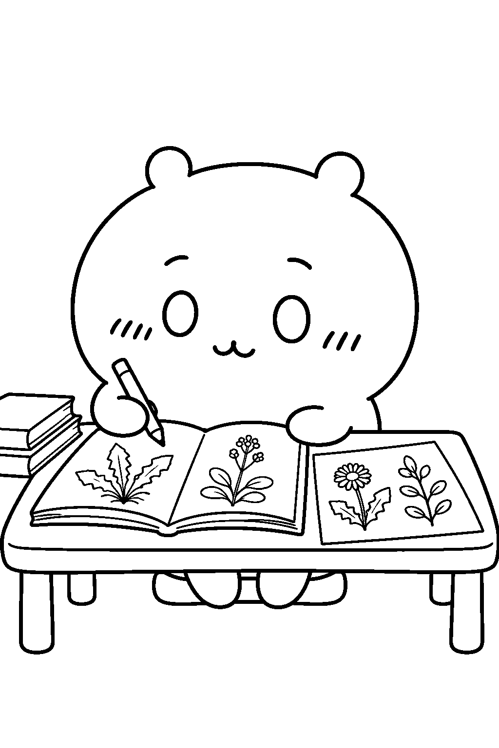 chiikawa studying for the weeding exam at a desk line art