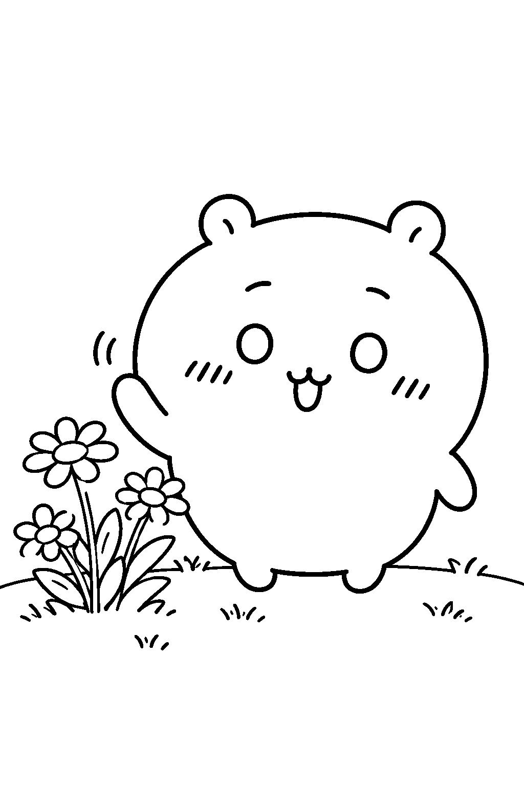 chiikawa waving beside a patch of flowers line art