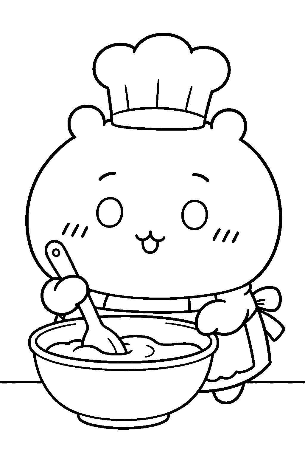 chiikawa wearing a chef hat and mixing batter in a bowl line art