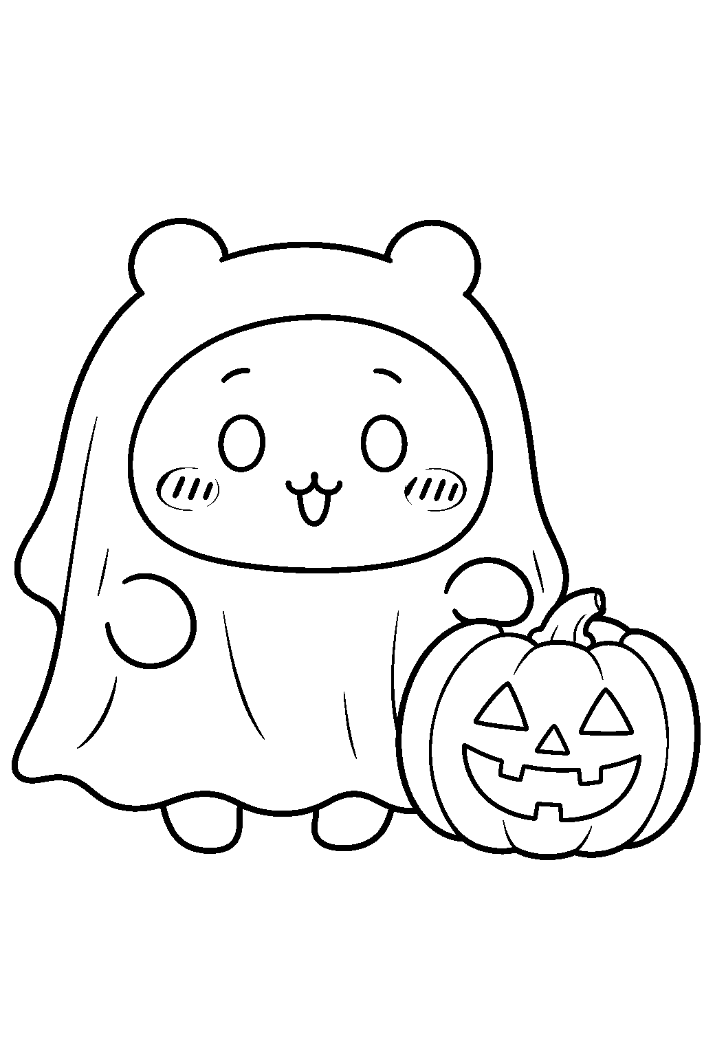 chiikawa wearing a ghost costume beside a halloween pumpkin line art
