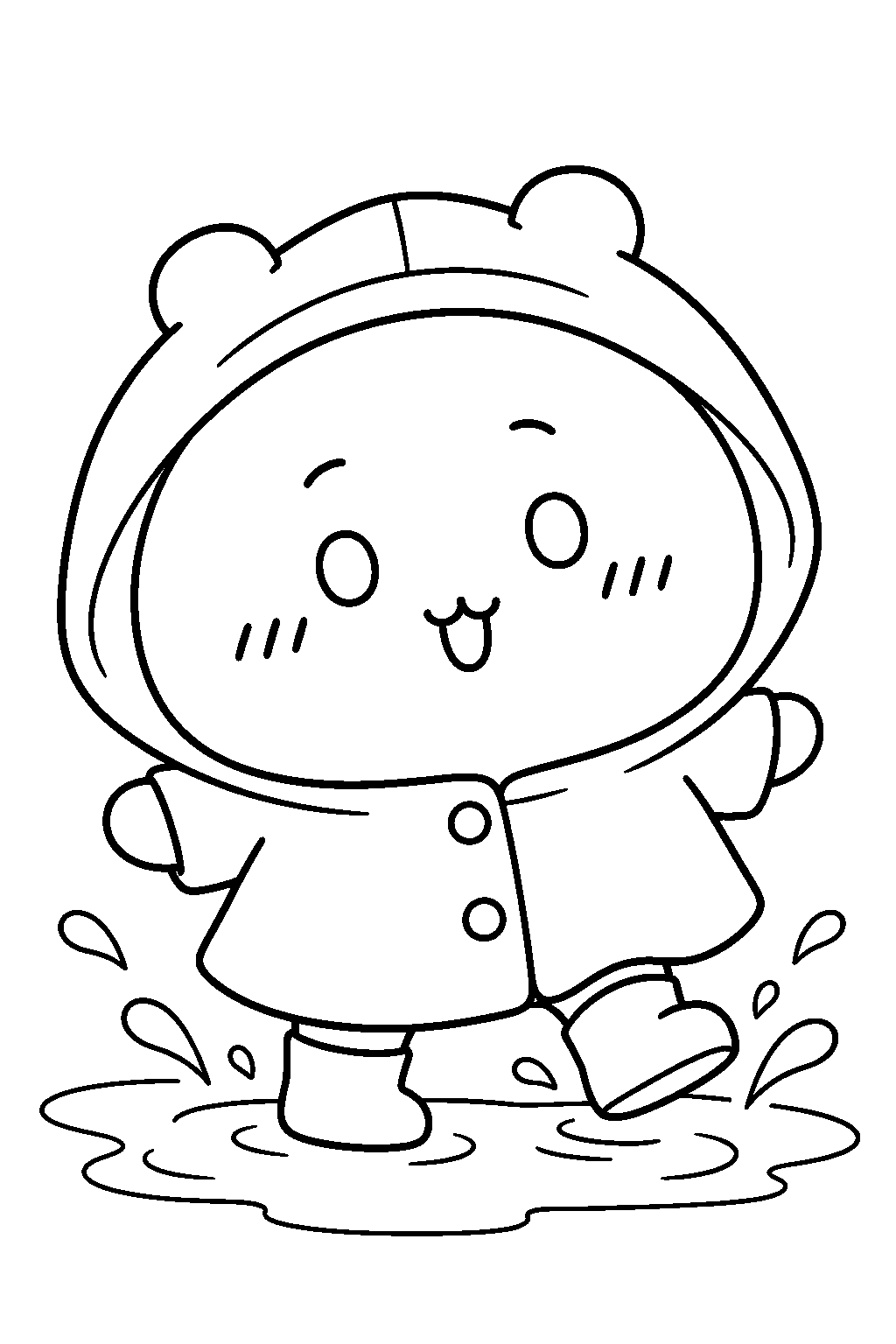 chiikawa wearing a raincoat and splashing in a puddle line art