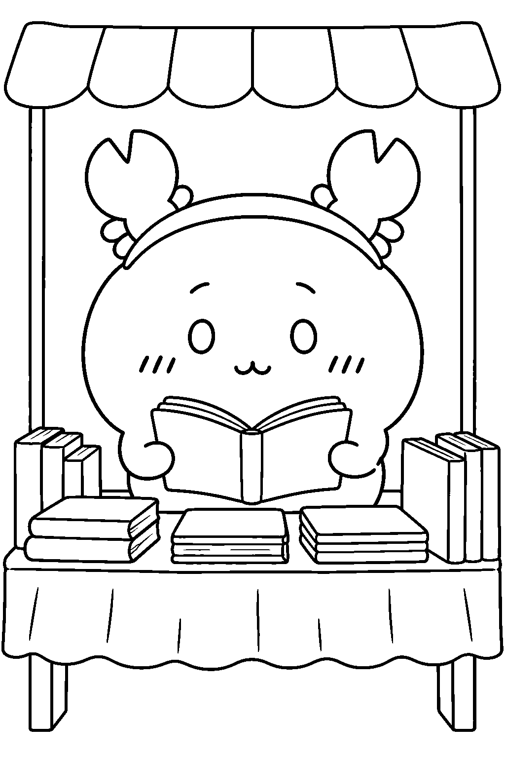 furuhonya from chiikawa wearing a crab headband at a book stall line art