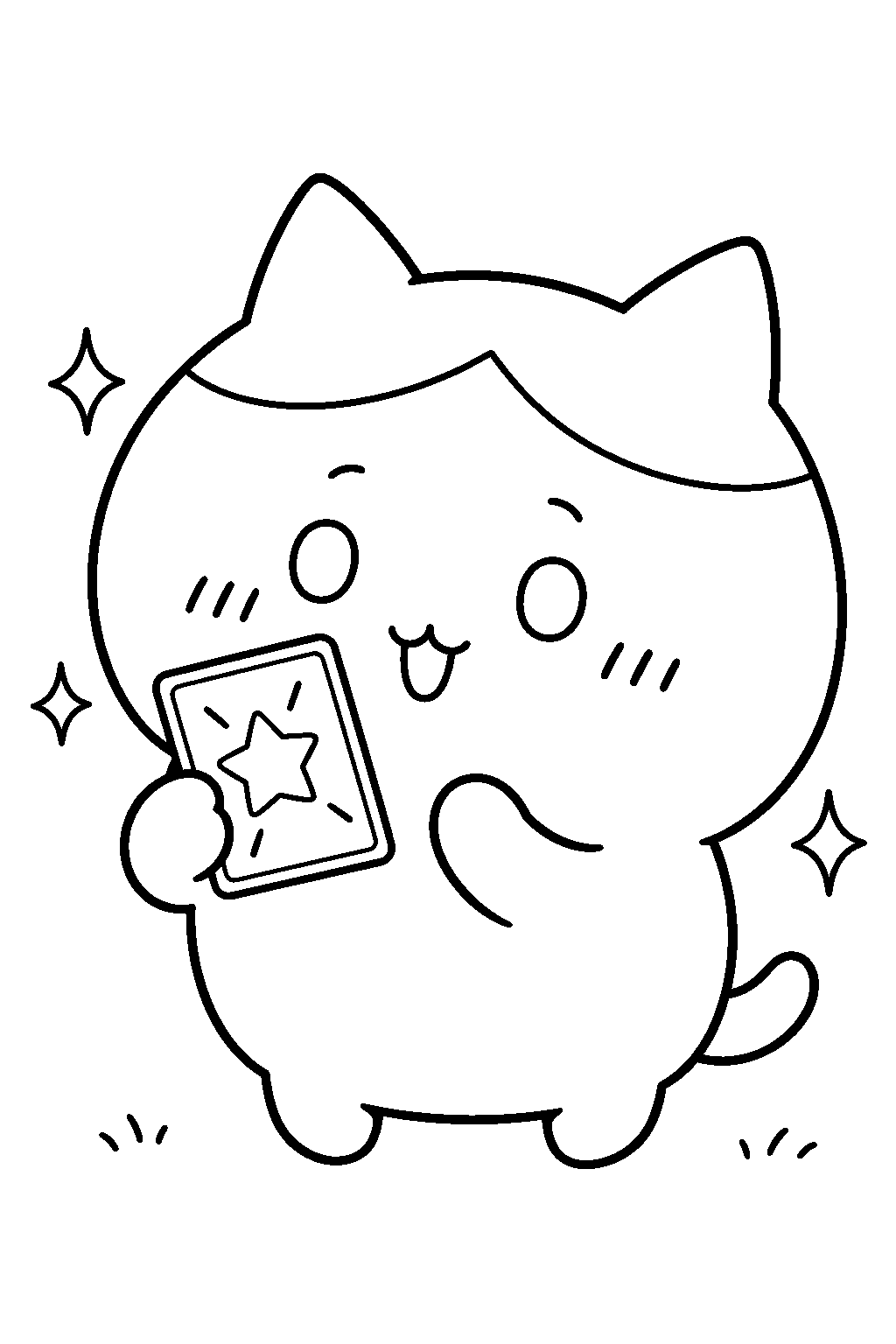 hachiware from chiikawa admiring a shiny trading card line art