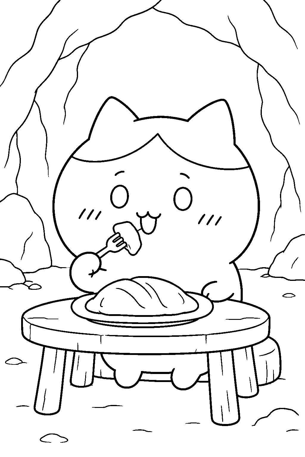 hachiware from chiikawa eating an omelet in the cave line art