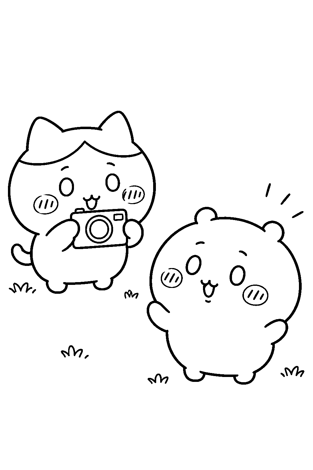 hachiware from chiikawa taking a photograph of chiikawa line art