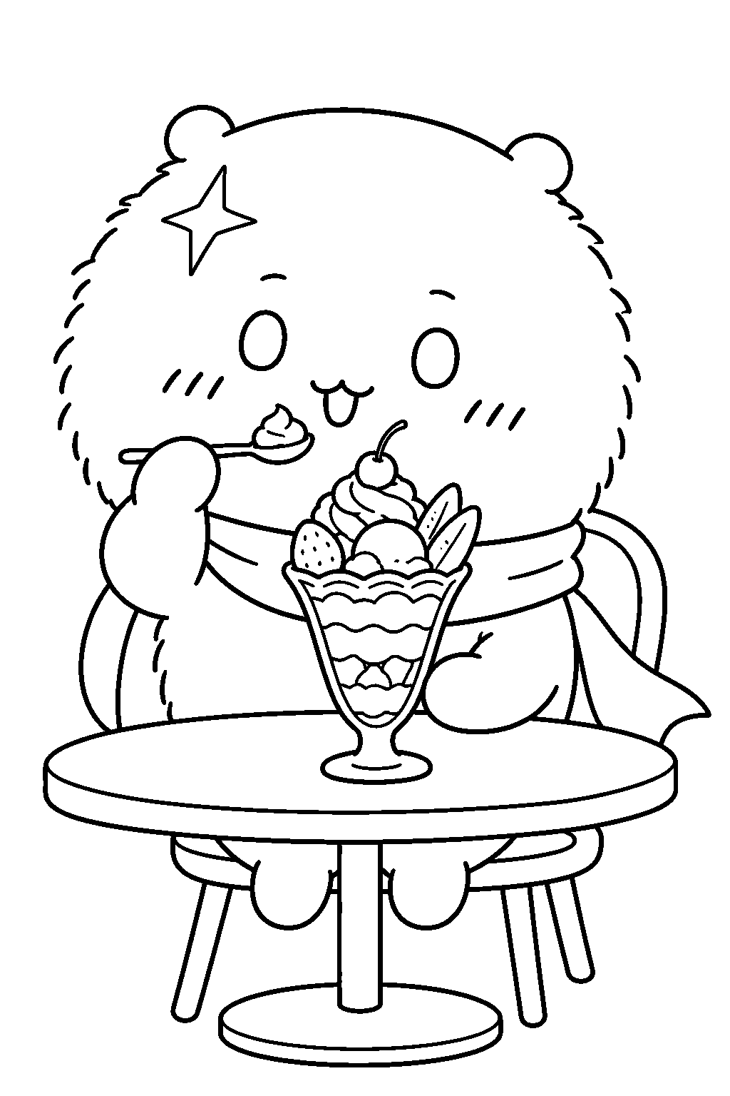 rakko from chiikawa eating a parfait at a cafe line art