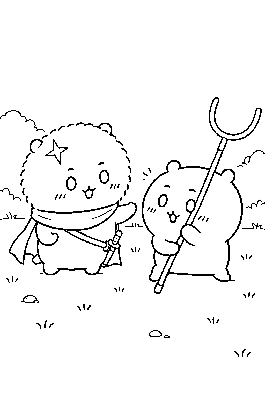 rakko from chiikawa guiding chiikawa through sasumata practice line art