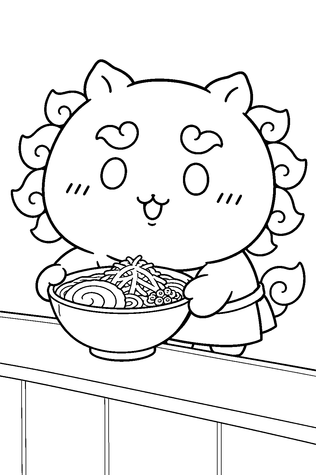 shisa from chiikawa serving ramen at rou line art