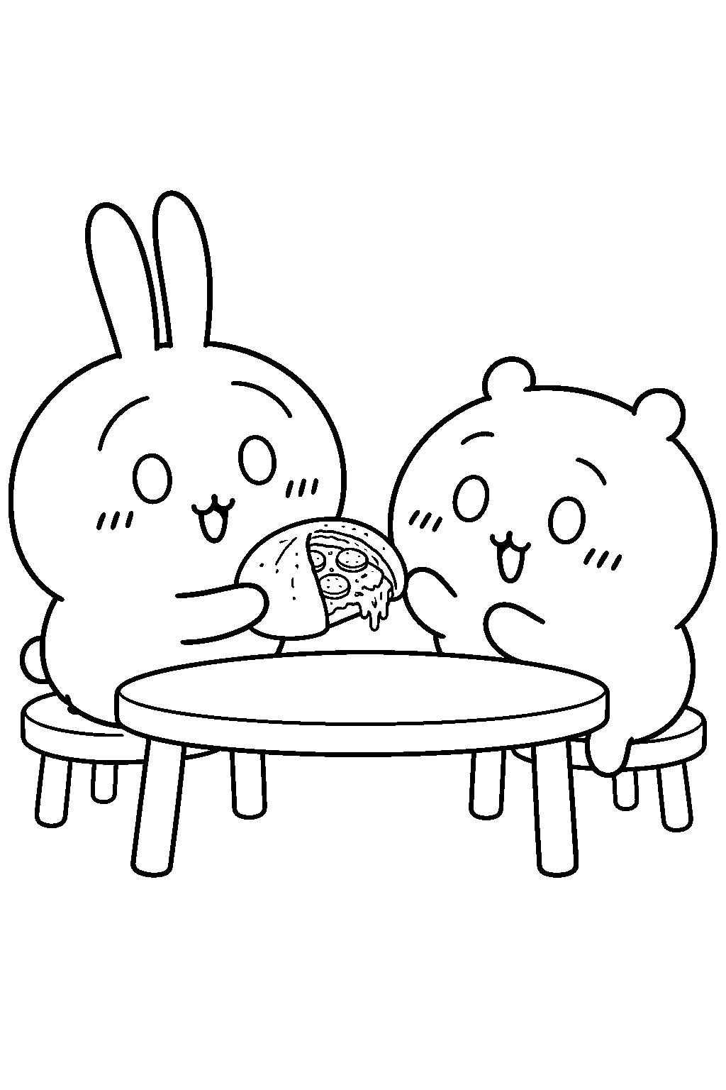 usagi from chiikawa offering a pizza bun to chiikawa line art