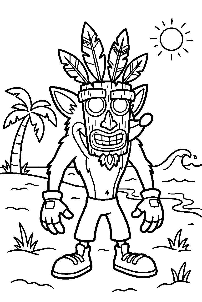 crash bandicoot aku aku on tropical beach line art
