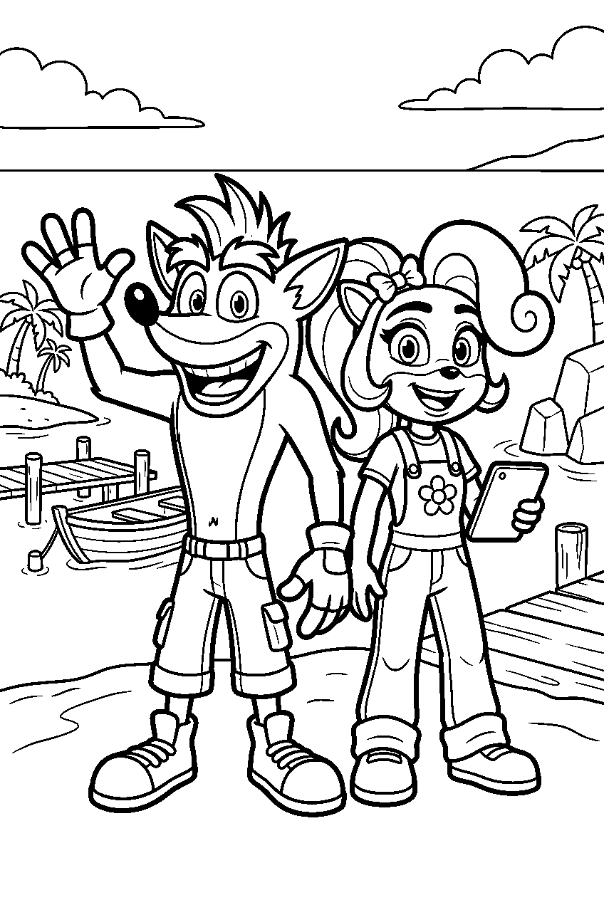 crash bandicoot coco in island harbor line art