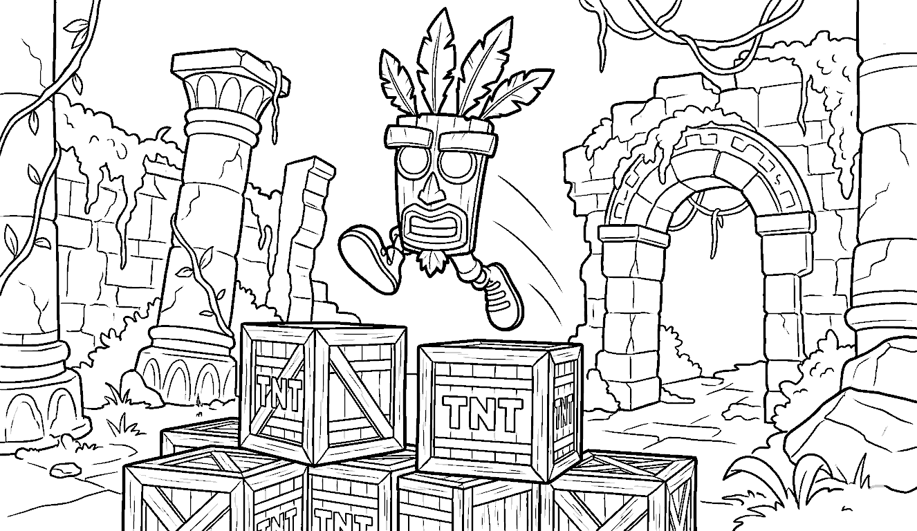 aku aku jumping over tnt crash bandicoot line art