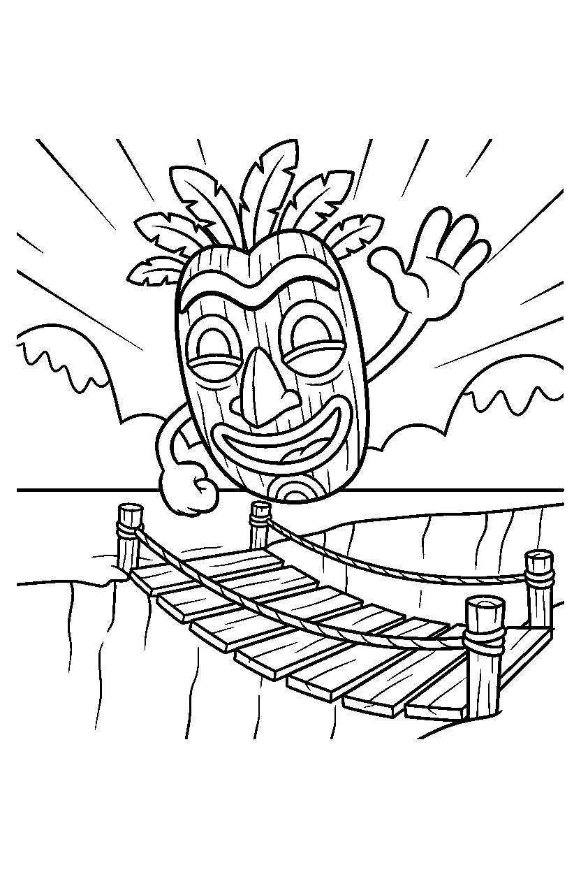 aku aku mask from crash bandicoot series waving happily on a wooden bridge line art