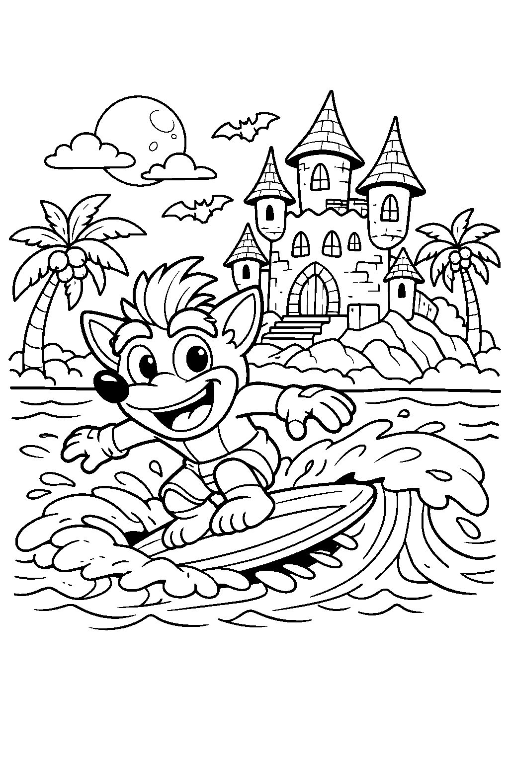 baby crash surfing on water haunted castle line art