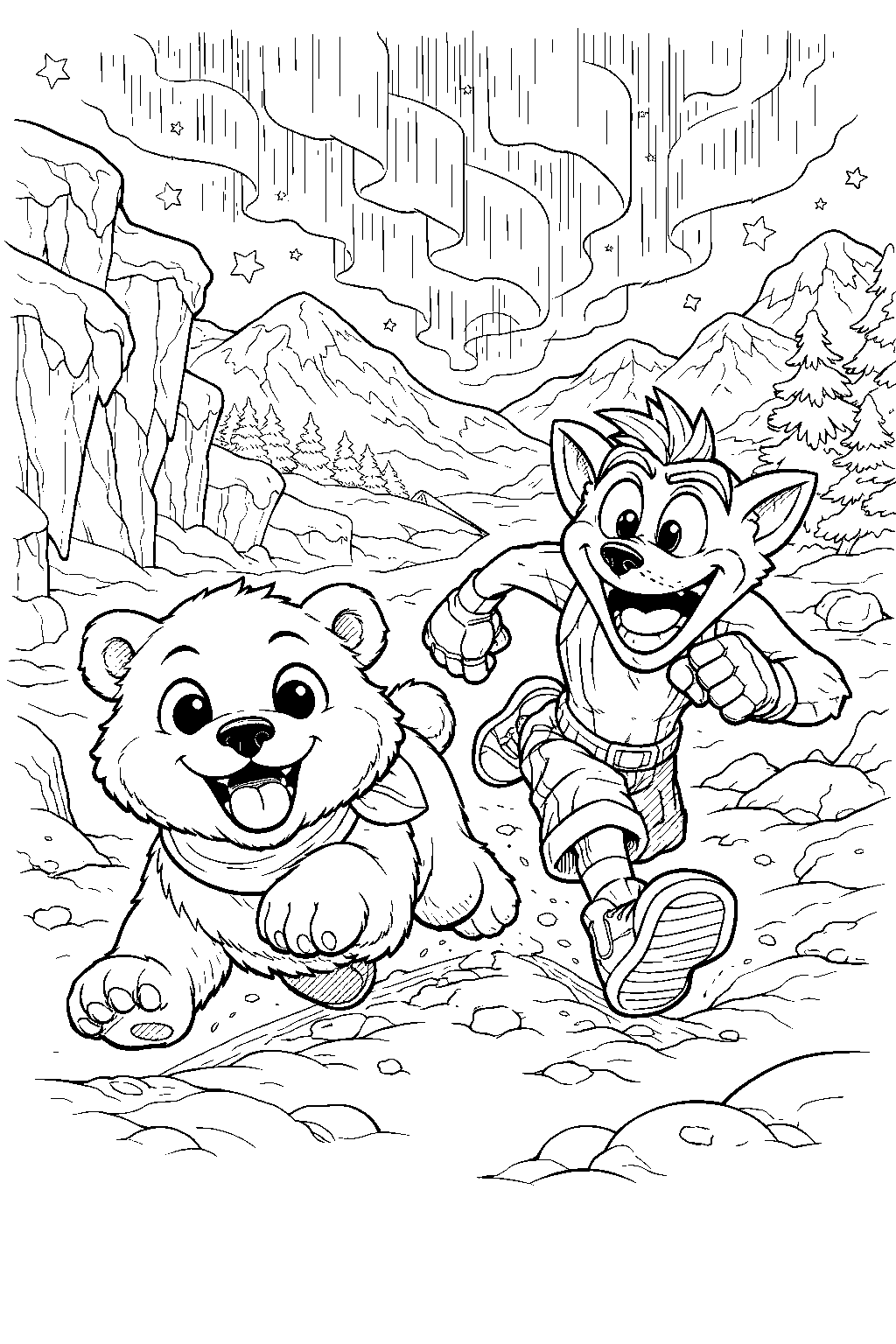 bear cub and crash bandicoot running in snowy mountain adventure line art