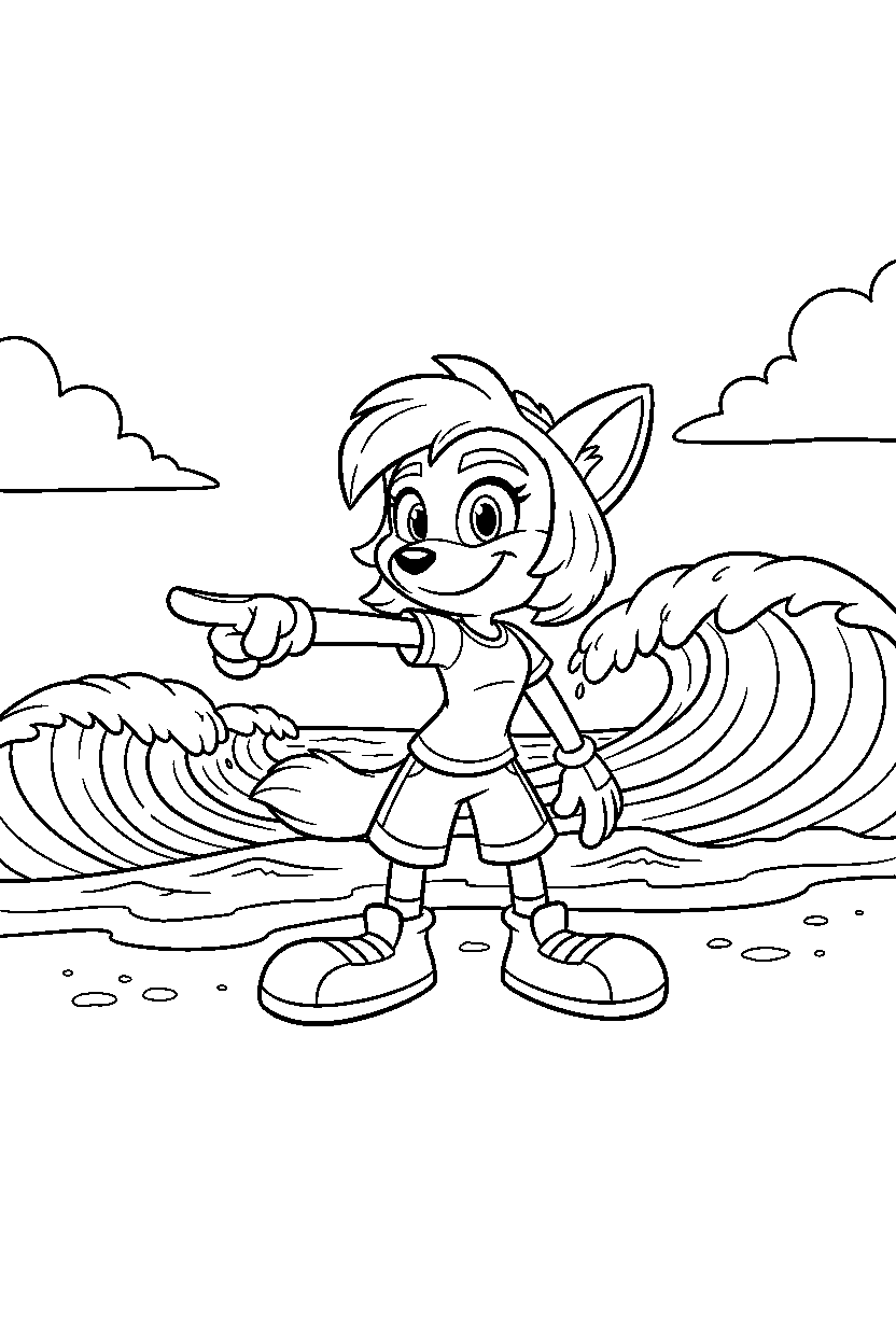 coco bandicoot pointing forward near ocean waves line art