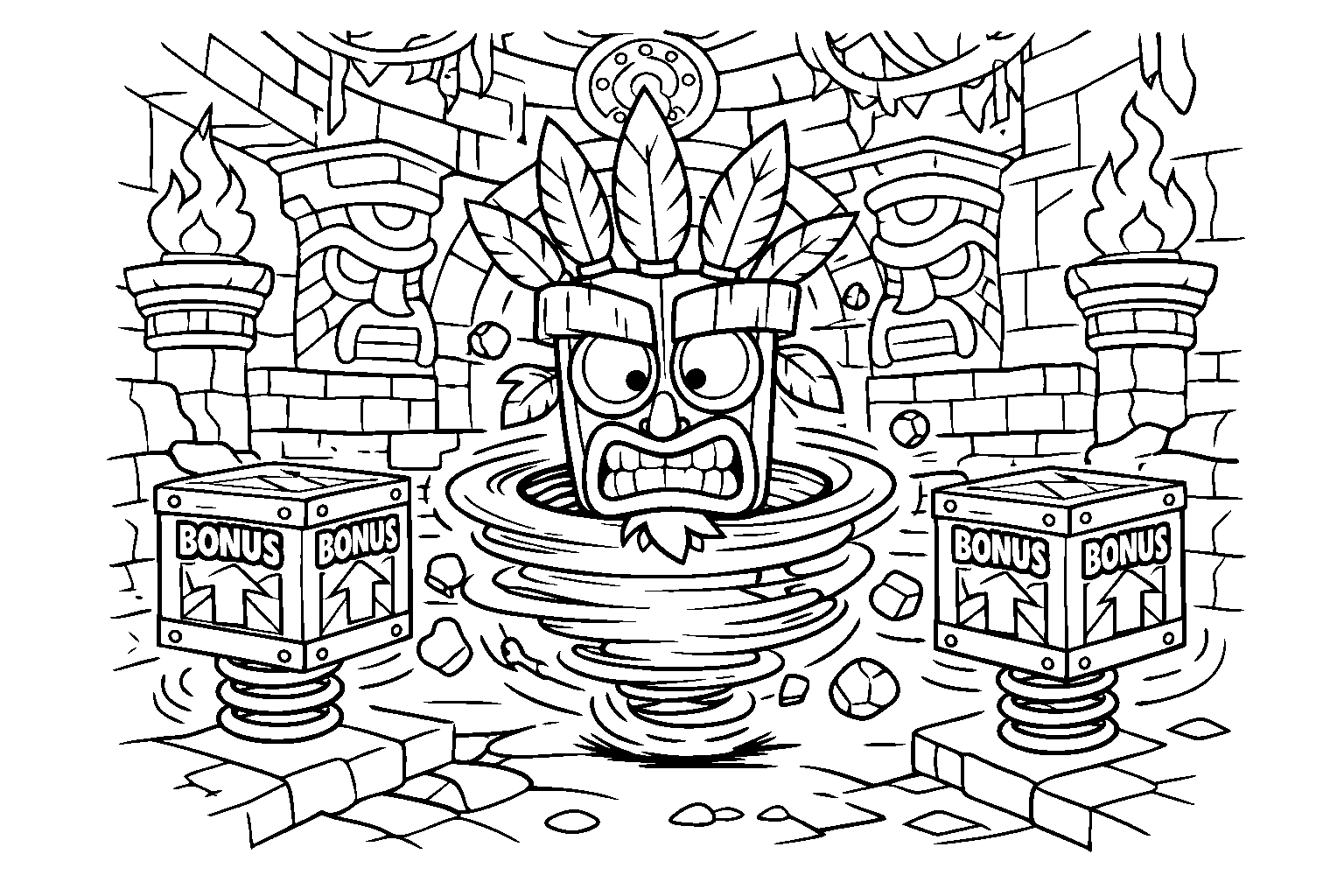 crash bandicoot aku aku mask ancient temple ruins and bonus crates line art