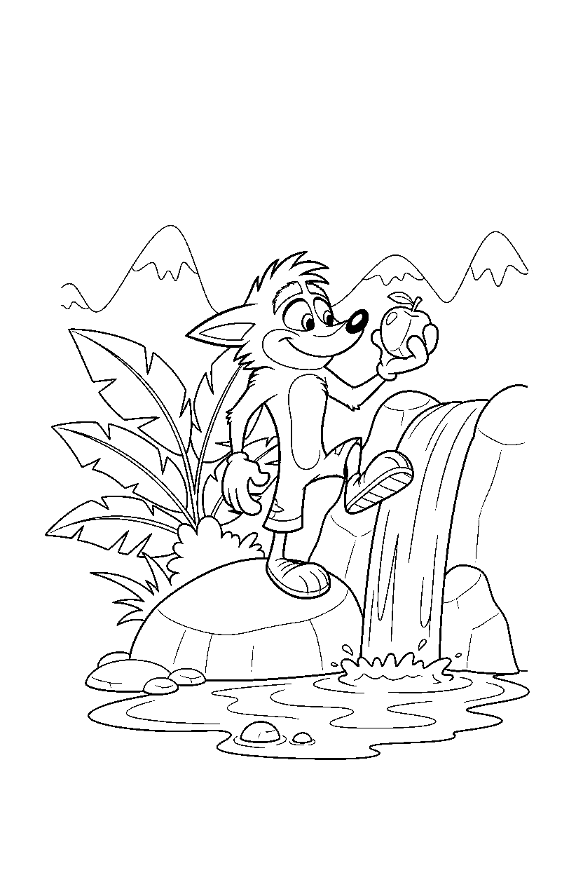 crash bandicoot balancing calmly near a small waterfall line art