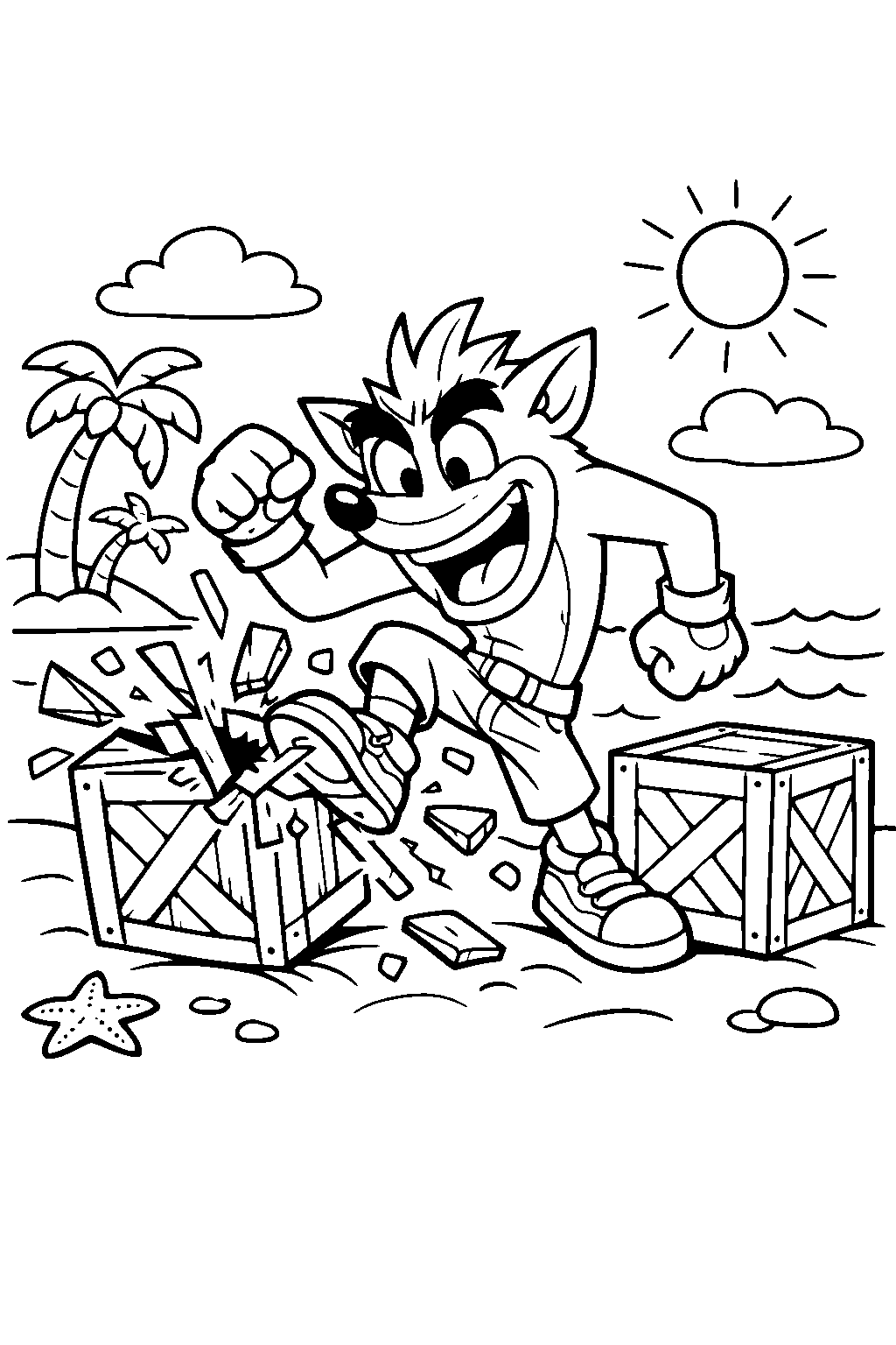 crash bandicoot breaking wooden crates on the beach line art