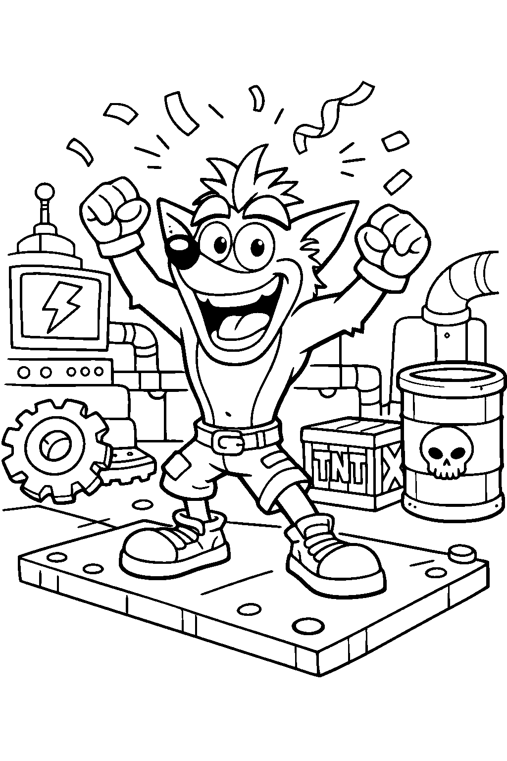 crash bandicoot celebrating victory in a mechanical base line art