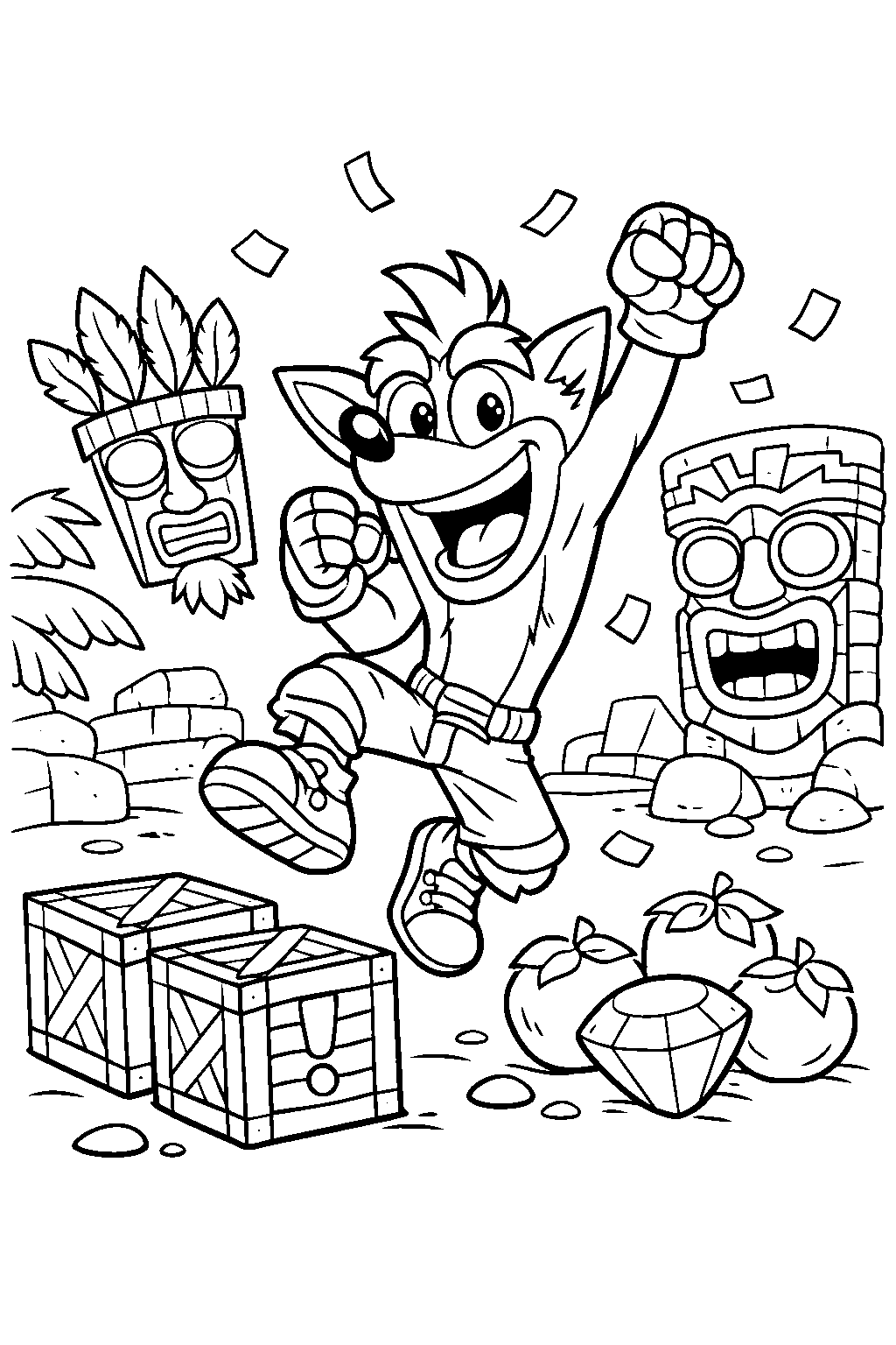 crash bandicoot celebrating victory in the temple ruins line art