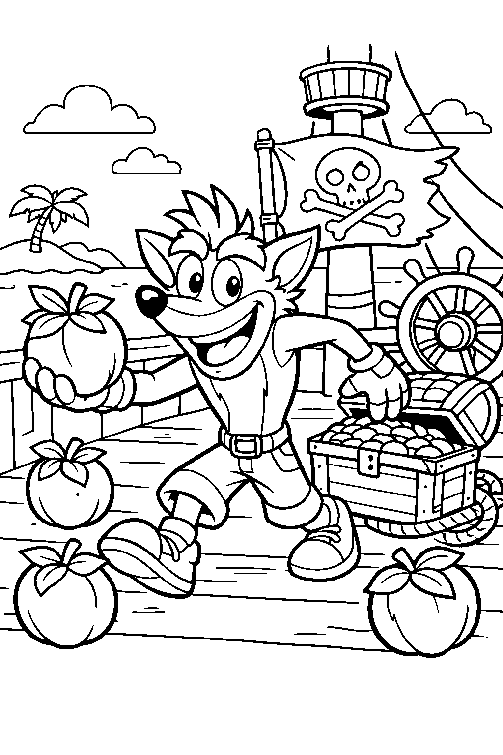 crash bandicoot collecting wumpa fruit on a pirate ship line art