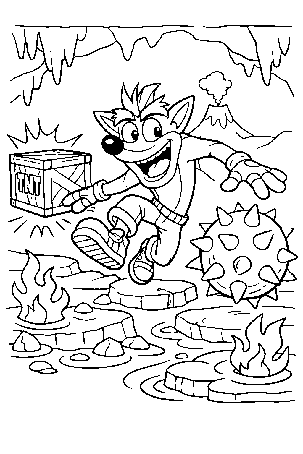 crash bandicoot dodging obstacles in a lava cave line art