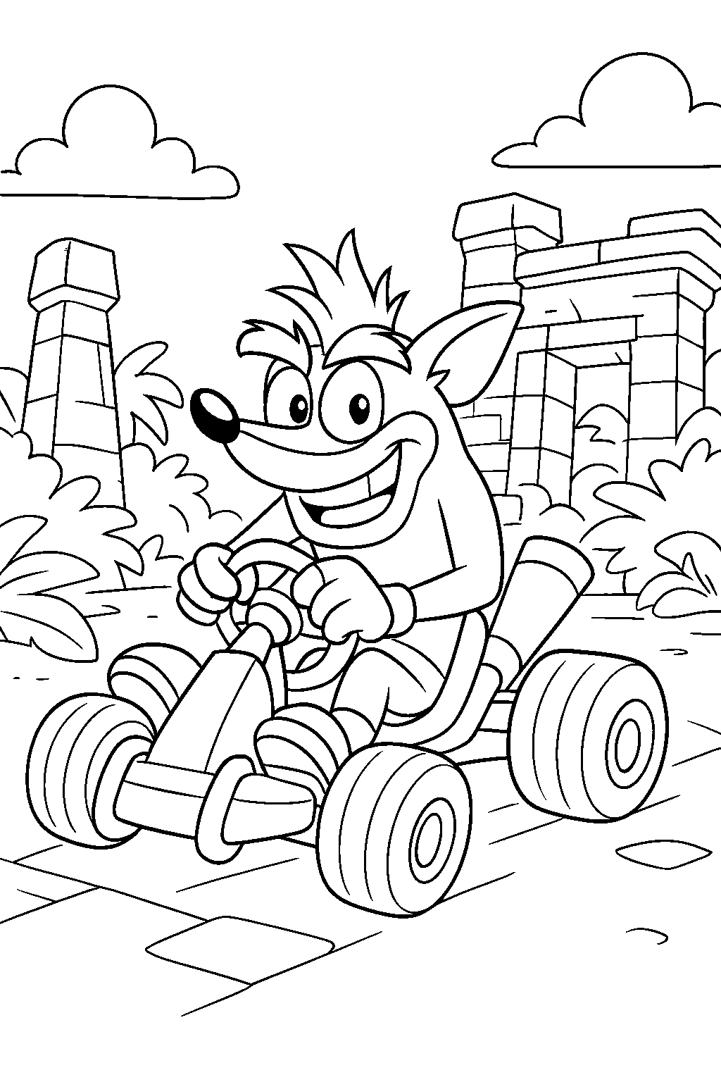 crash bandicoot driving a kart inside a lost city line art