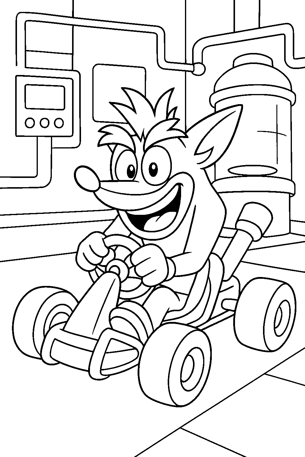 crash bandicoot driving a kart inside a research laboratory line art
