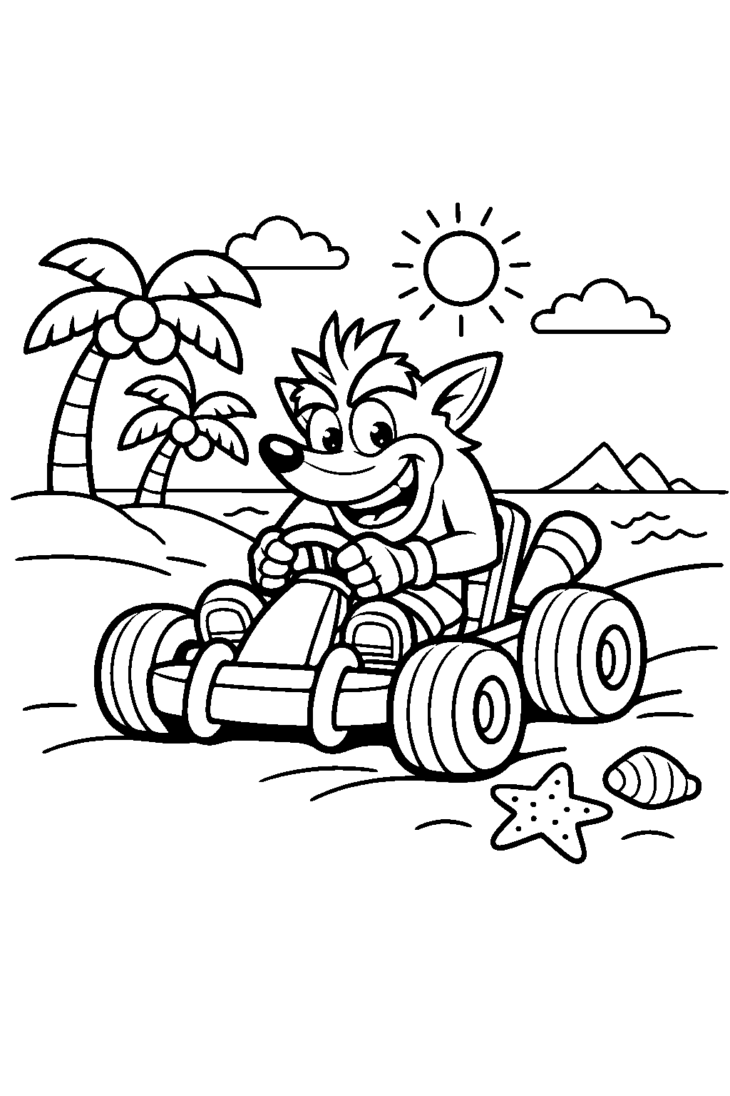 crash bandicoot driving a racing kart on the beach line art