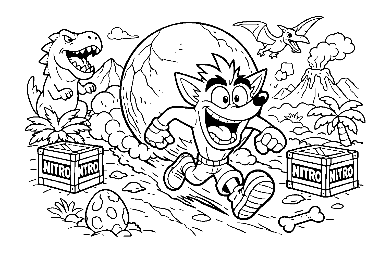 crash bandicoot escaping rolling boulder prehistoric dinosaur valley line art
