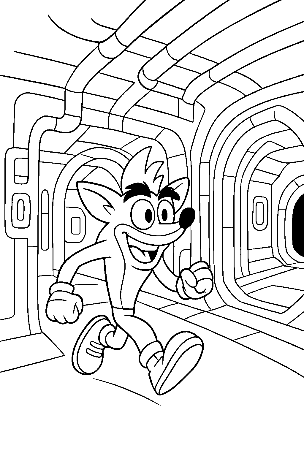 crash bandicoot exploring hidden paths inside a futuristic space base line art