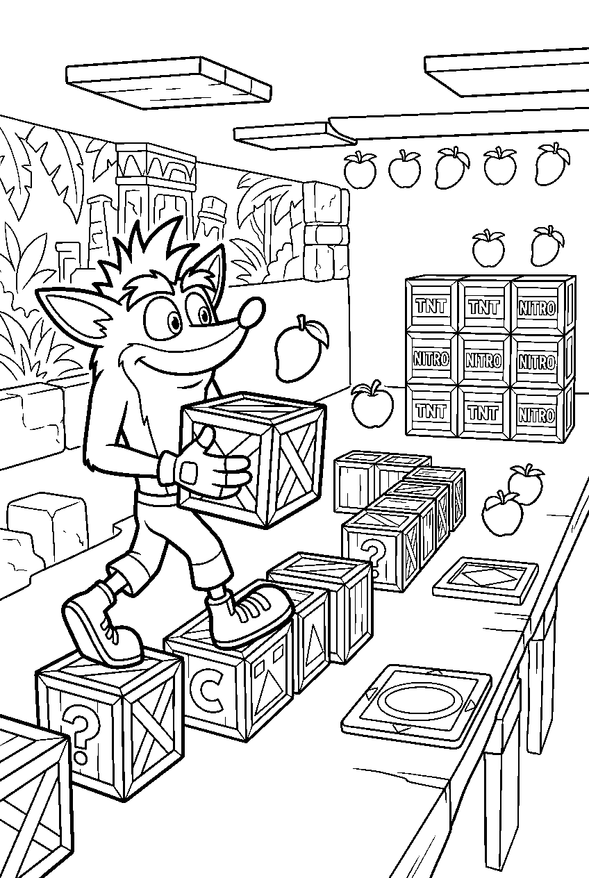 crash bandicoot exploring in bonus room line art