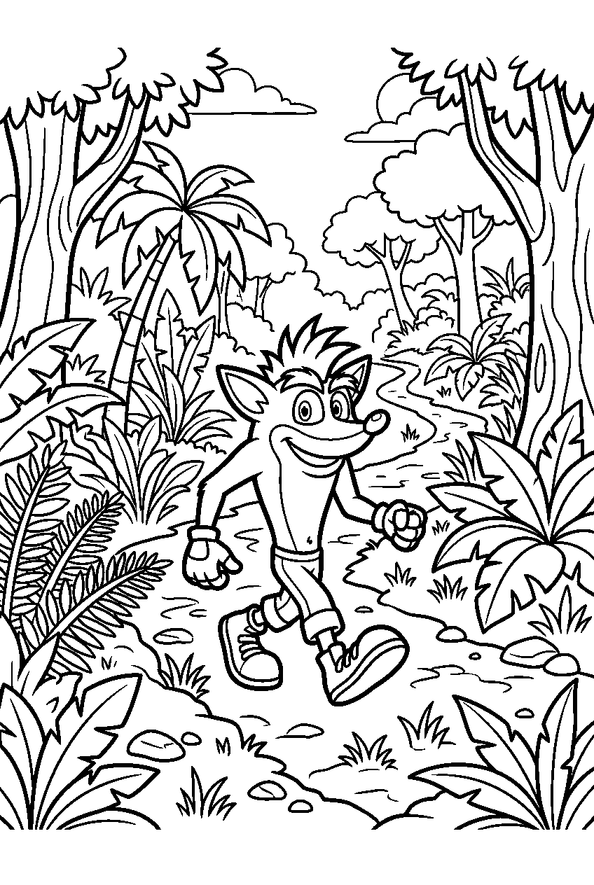 crash bandicoot exploring in jungle pathway line art
