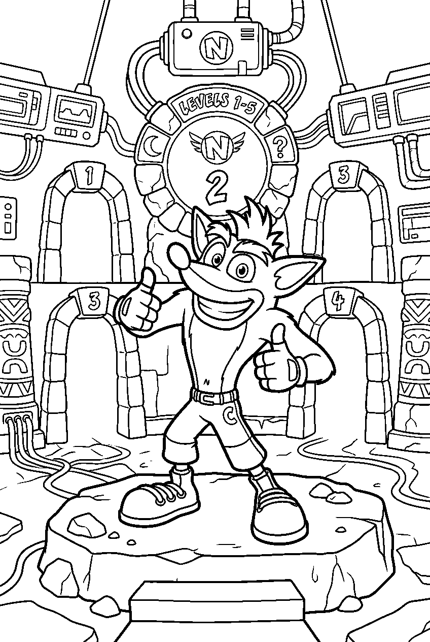 crash bandicoot exploring in warp room line art