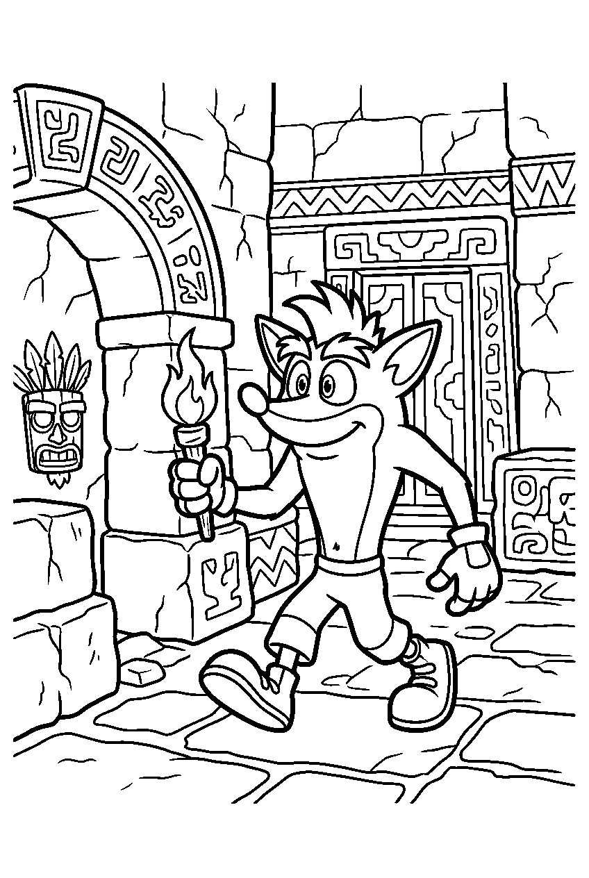 crash bandicoot exploring inside ancient temple line art