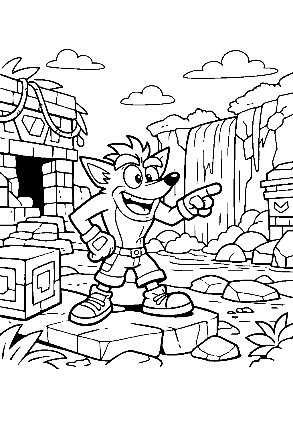 crash bandicoot exploring ruins at a jungle waterfall line art