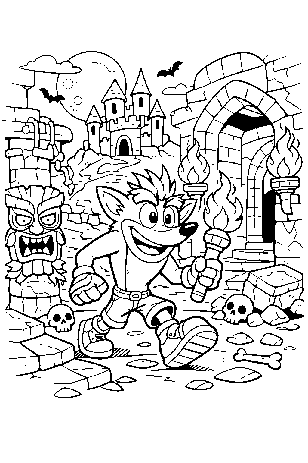 crash bandicoot exploring temple ruins haunted castle line art