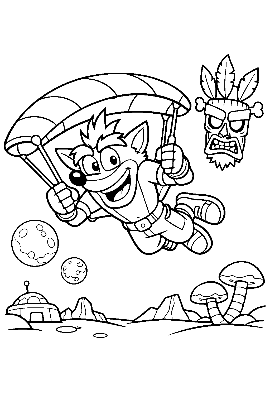 crash bandicoot gliding the air on an alien planet line art