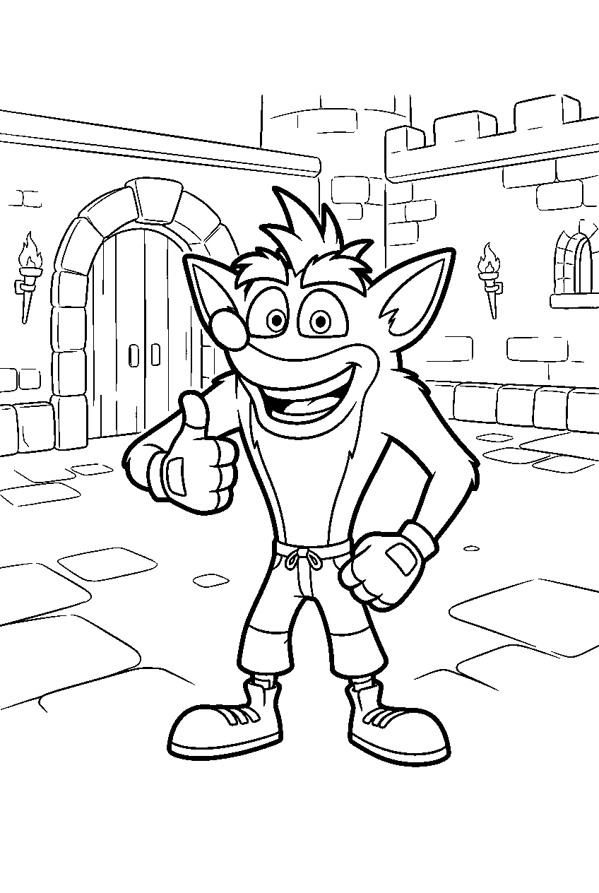 crash bandicoot in castle courtyard line art