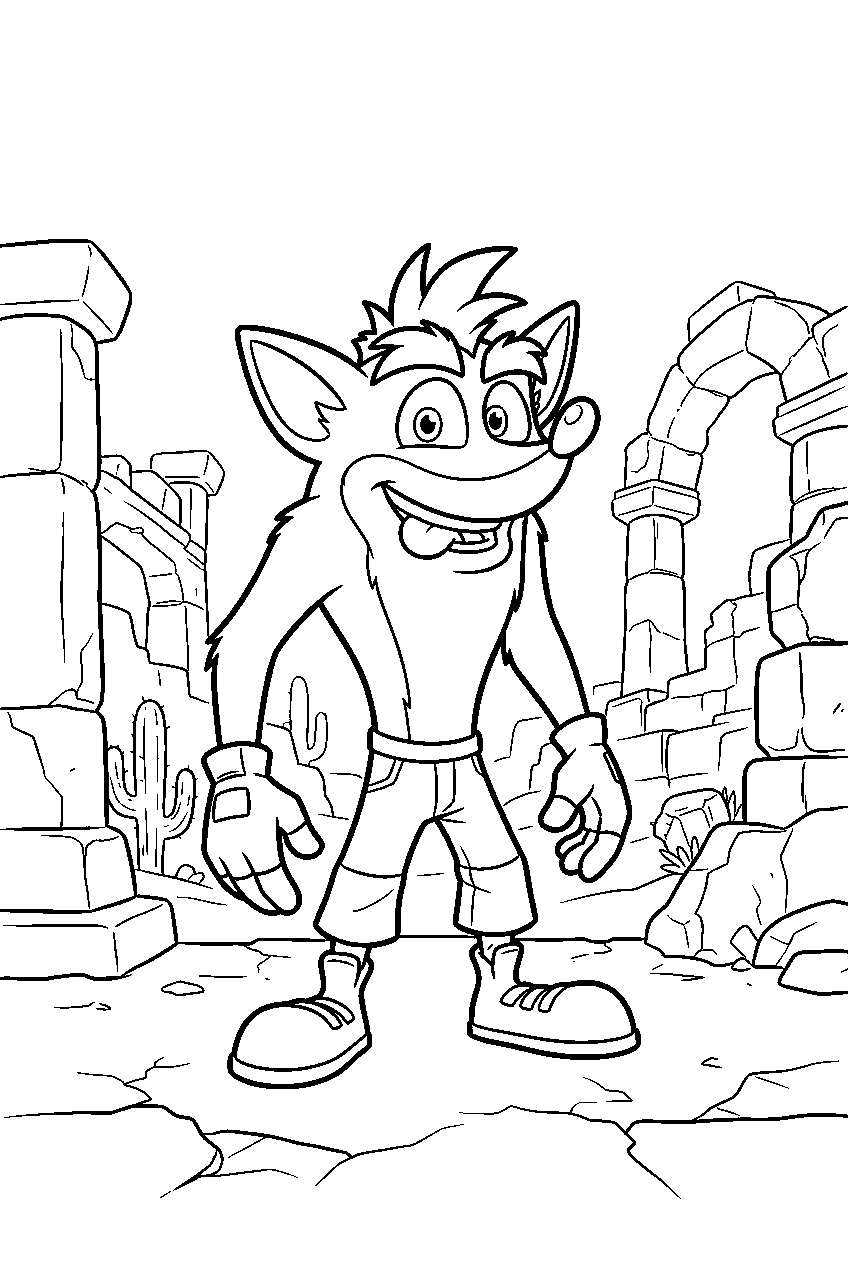 crash bandicoot in desert ruins line art