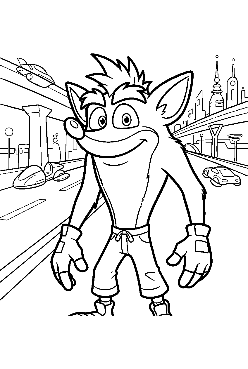 crash bandicoot in futuristic highway line art