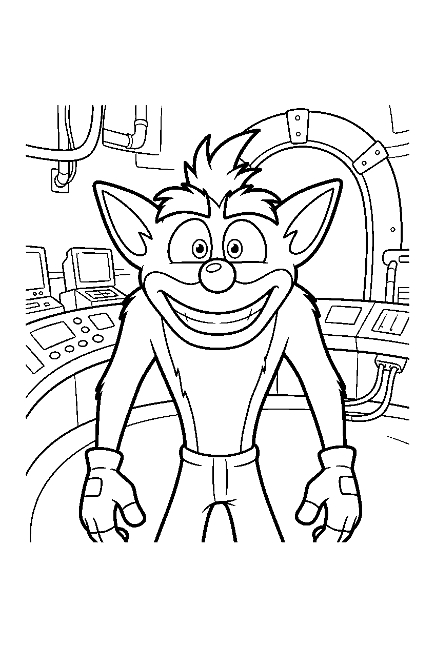 crash bandicoot in high tech laboratory line art